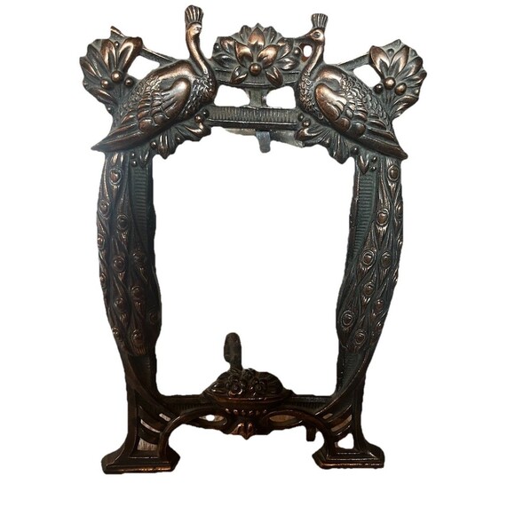 Antique Copper  Stamped Peacock metal picture frame with glass and back easel - Picture 1 of 11